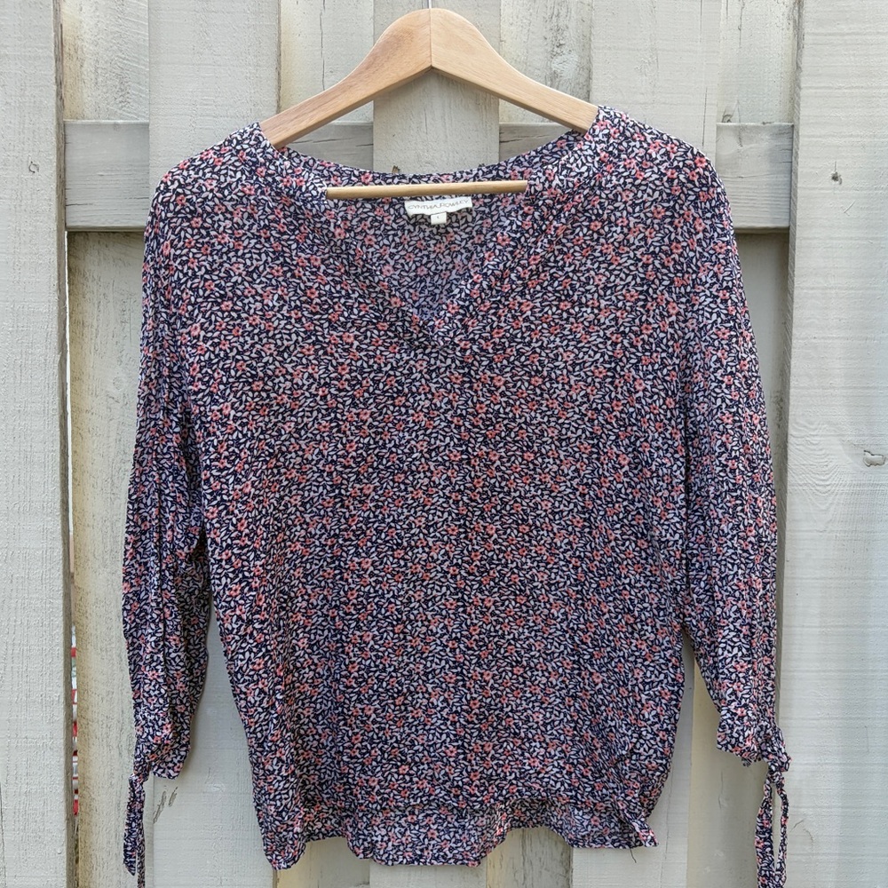 Cynthia Rowley Navy Blouse with Coral Floral Print